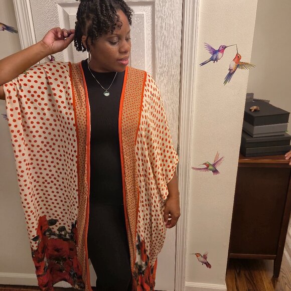Bl^nk London Poppy Floral Duster Kimono Orange Polka Dot Beaded Accents - Picture 8 of 8